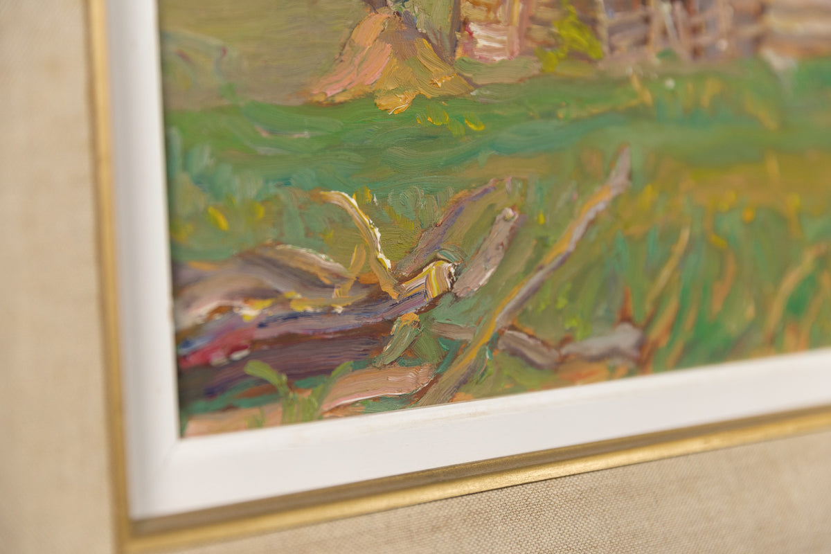 Ralph Burton, "Barns In South March, ON," detail view, oil on panel