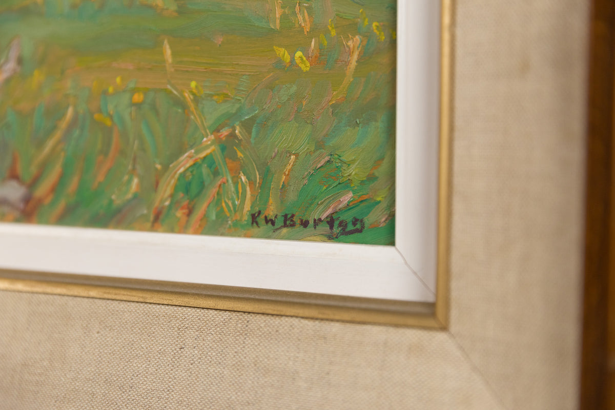 Ralph Burton, "Barns In South March, ON," detail view, oil on panel