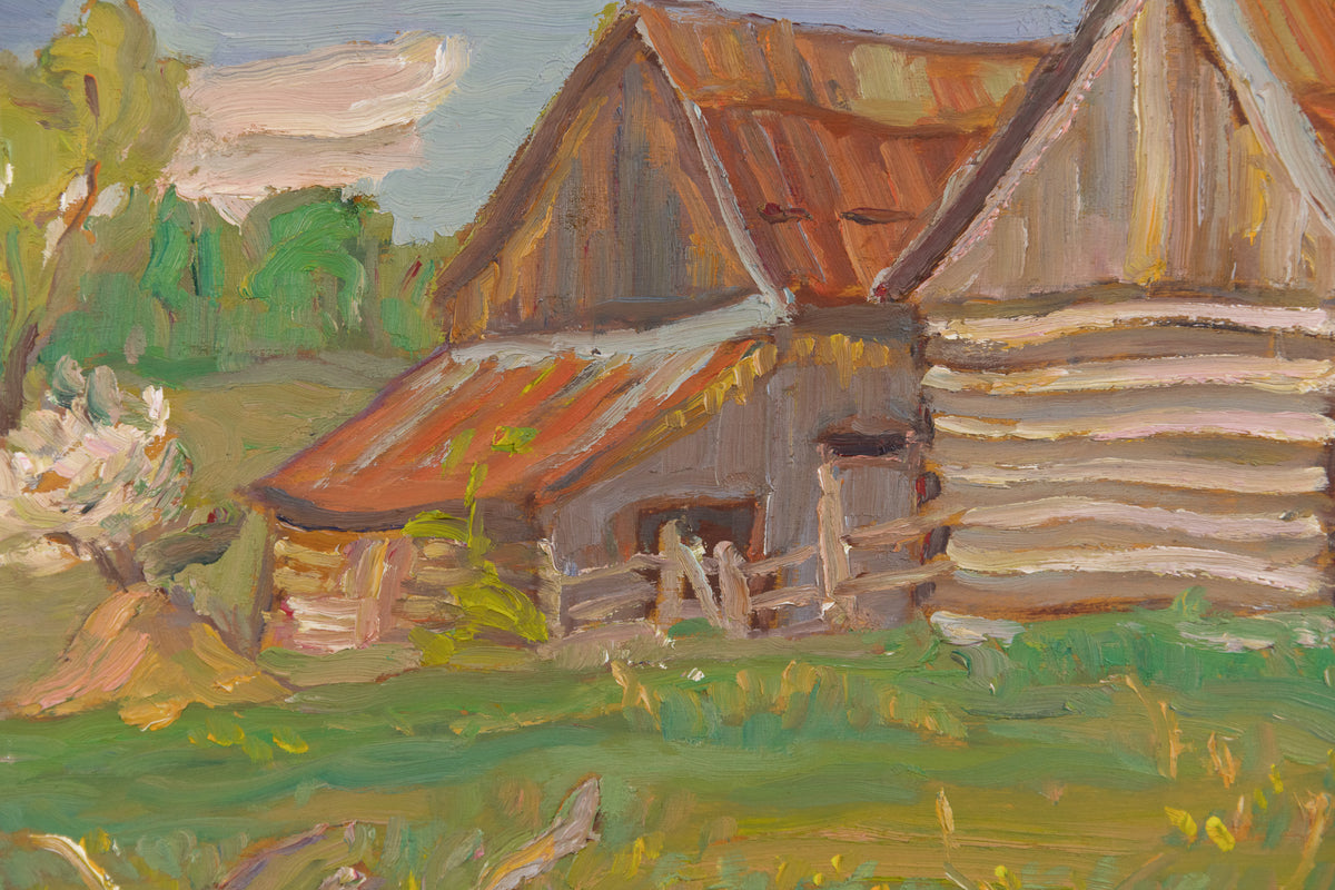 Ralph Burton, "Barns In South March, ON," detail view, oil on panel