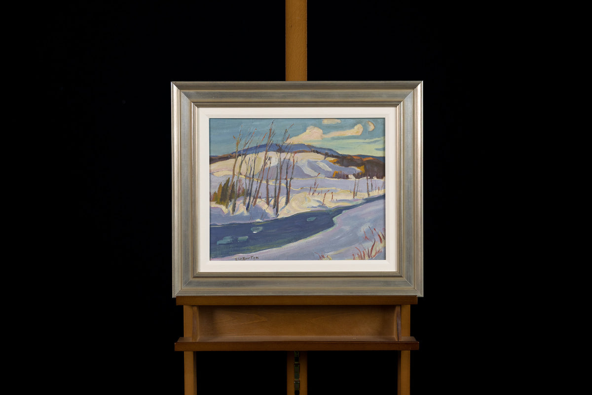 Ralph Burton, "Winter River," oil on panel, 13 x 16 in, traditional landscape with men, framed