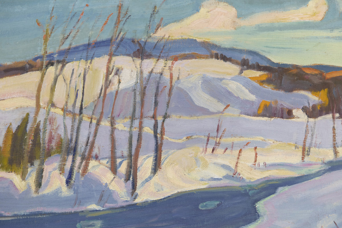 Ralph Burton, "Winter River," detail view, oil on panel
