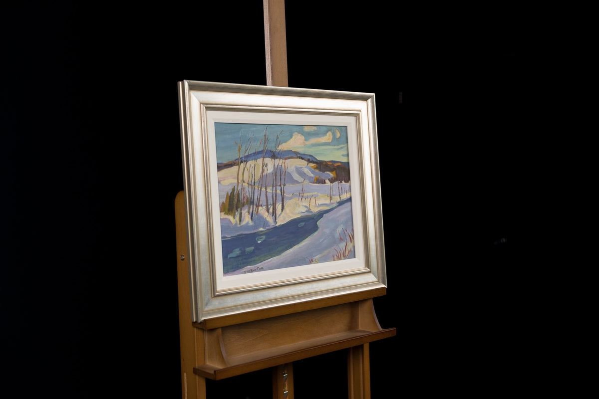 Ralph Burton, "Winter River," detail view, oil on panel