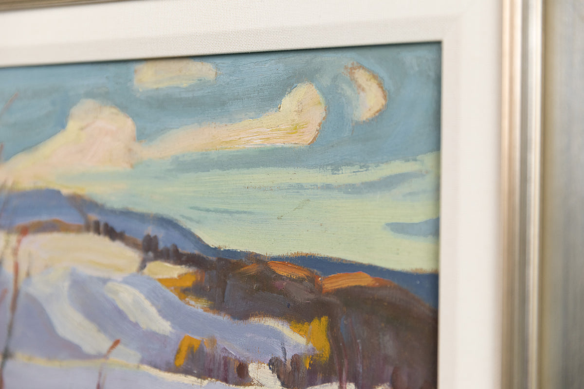 Ralph Burton, "Winter River," detail view, oil on panel