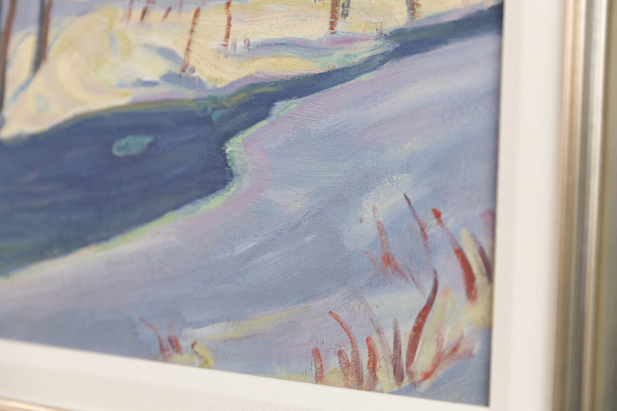 Ralph Burton, "Winter River," detail view, oil on panel