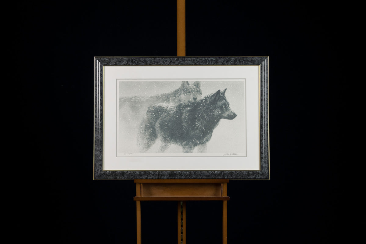Robert Bateman, "Wolf Pair In Winter CE 125/200," offset lithograph, 16 x 28 in, traditional wildlife limited edition print, framed