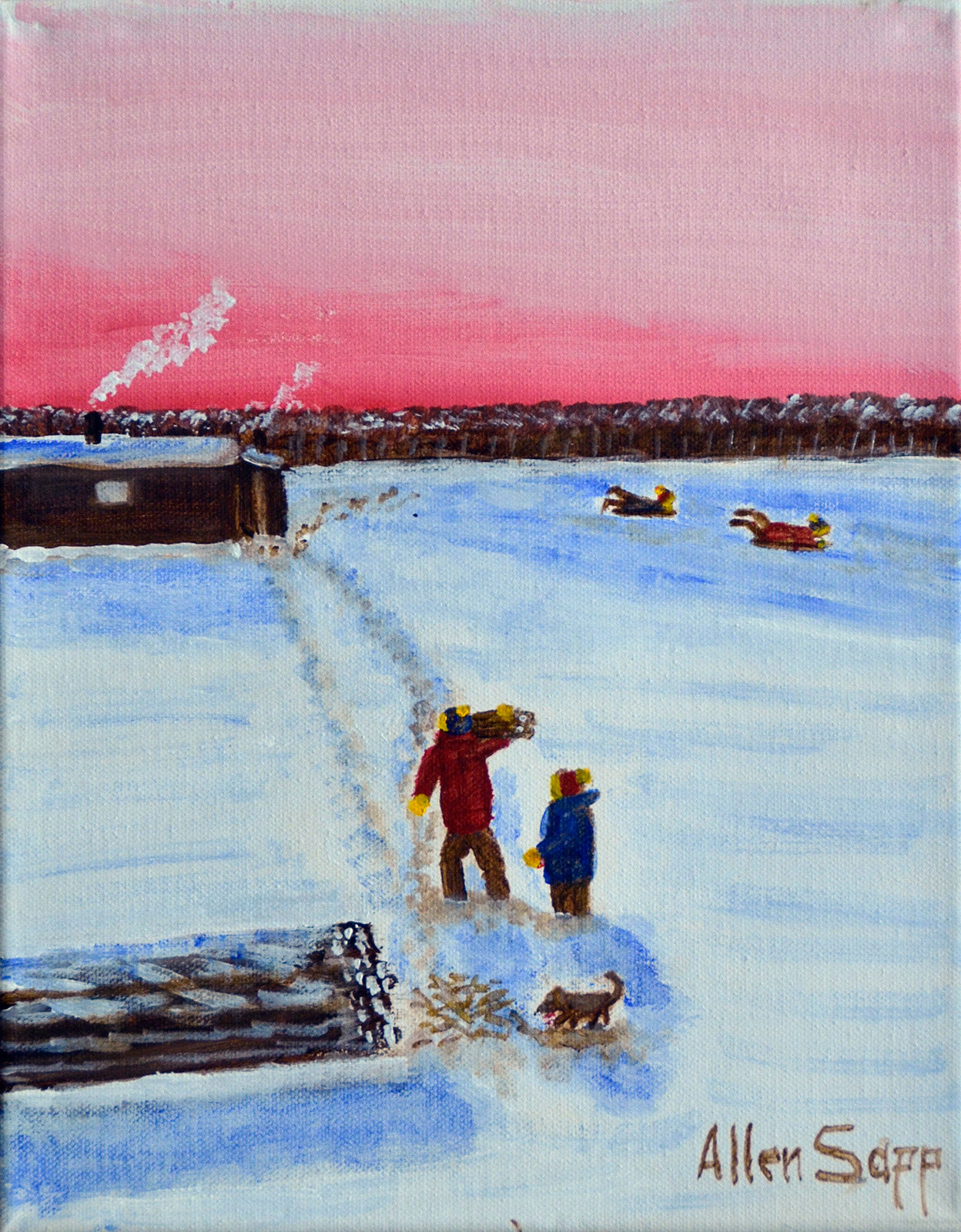 Figurative “Carrying In Wood” by Allen Sapp – acrylic on canvas.