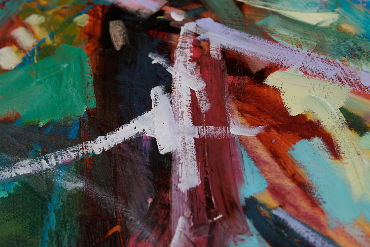Sheila Davis, "Paint The Town," detail 2, oil on panel