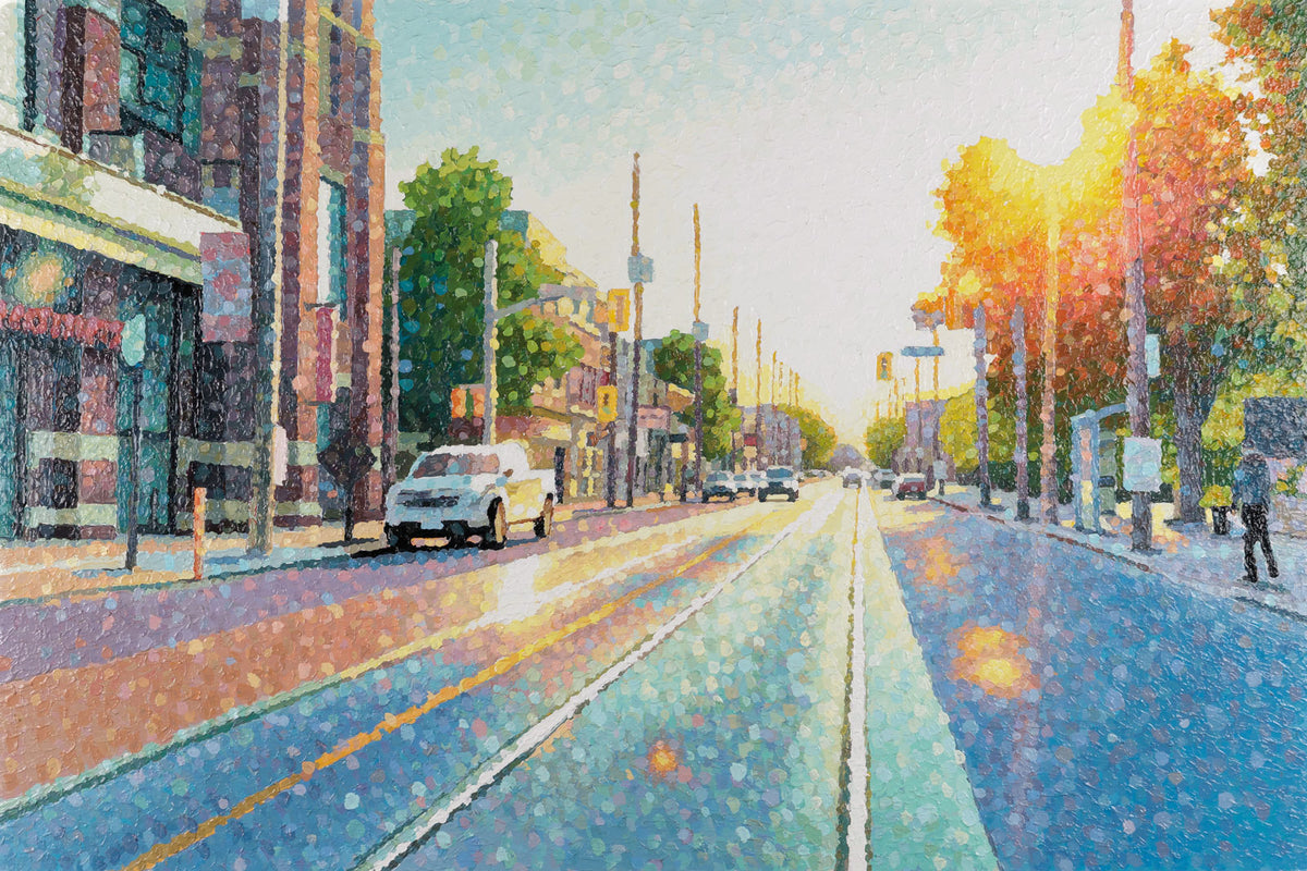Susan Gale, "Fortune Within," acrylic on panel, 40 x 60 in, contemporary cityscape painting, unframed panel