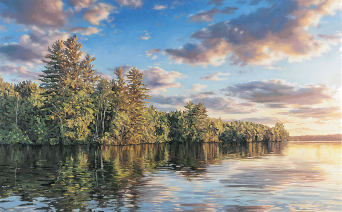 Sue Miller, "Summer Evening," oil on canvas, 30 x 48 in, Contemporary landscape painting with lake, sunlight, and sunset