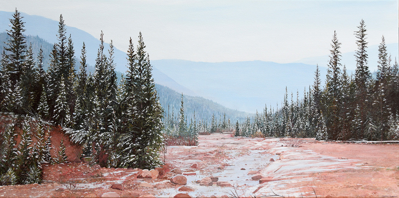Landscape “First Snow Fall” by Colleen Sobkovich – acrylic on canvas.