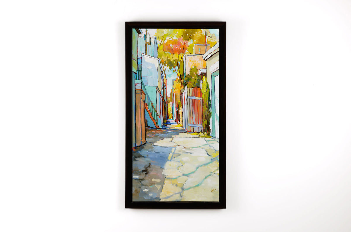 Sacha Barrette, "Ruelle A L'Escalier Brun," detail view, acrylic on canvas
