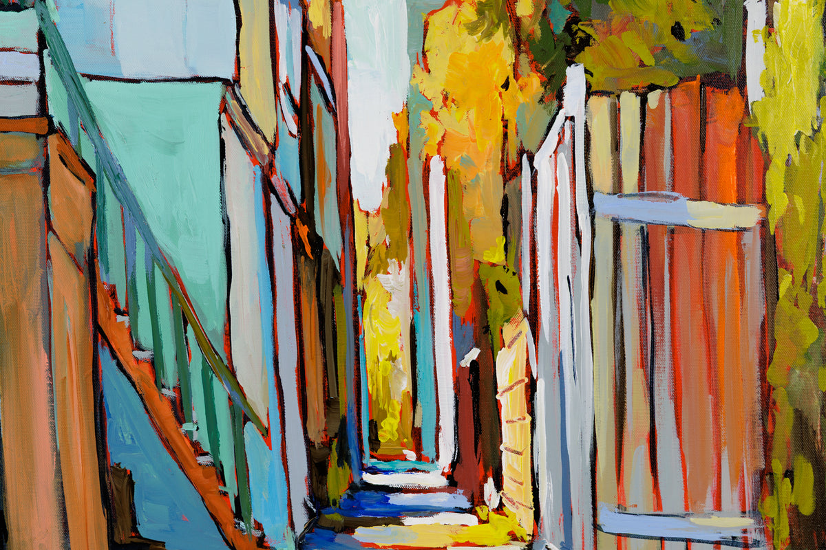 Sacha Barrette, "Ruelle A L'Escalier Brun," detail view, acrylic on canvas