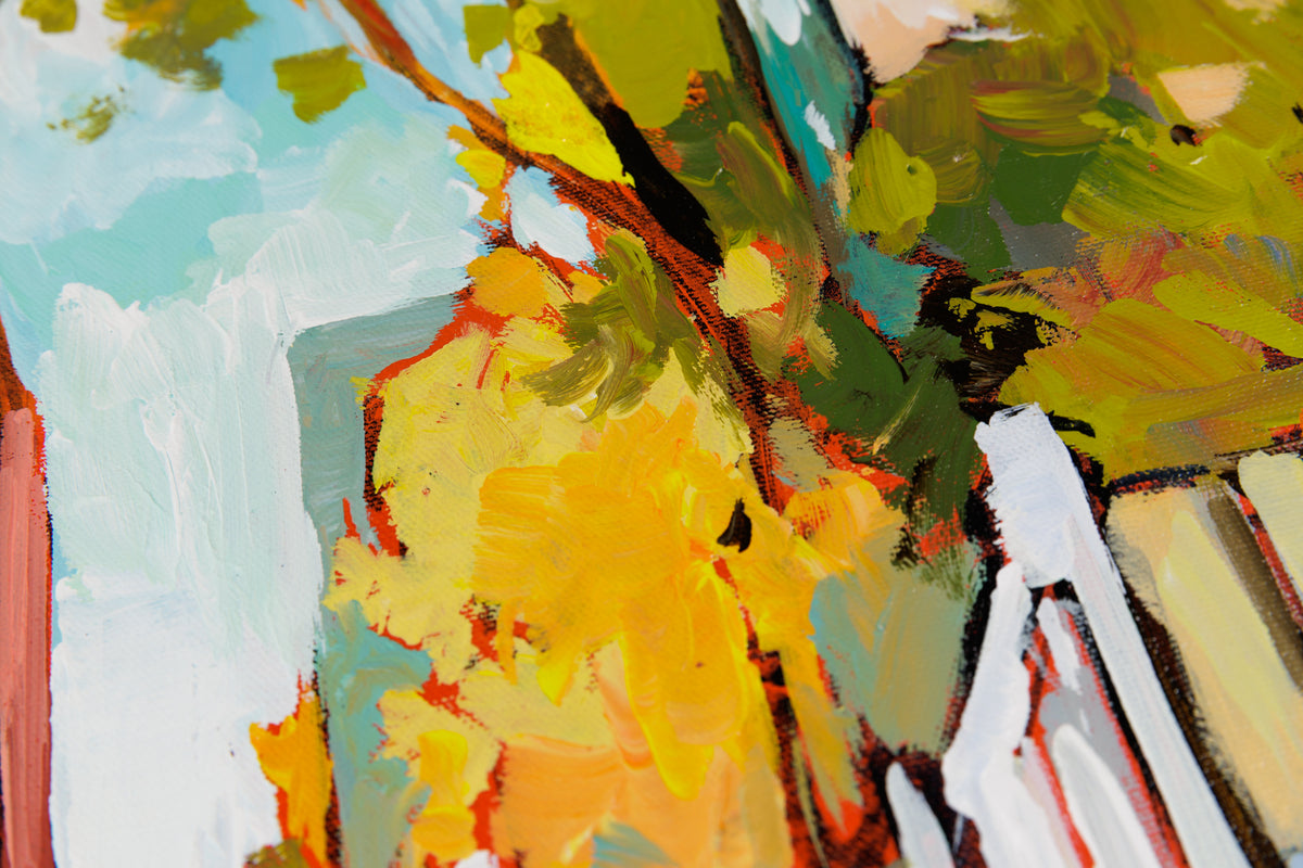 Sacha Barrette, "Ruelle A L'Escalier Brun," detail view, acrylic on canvas