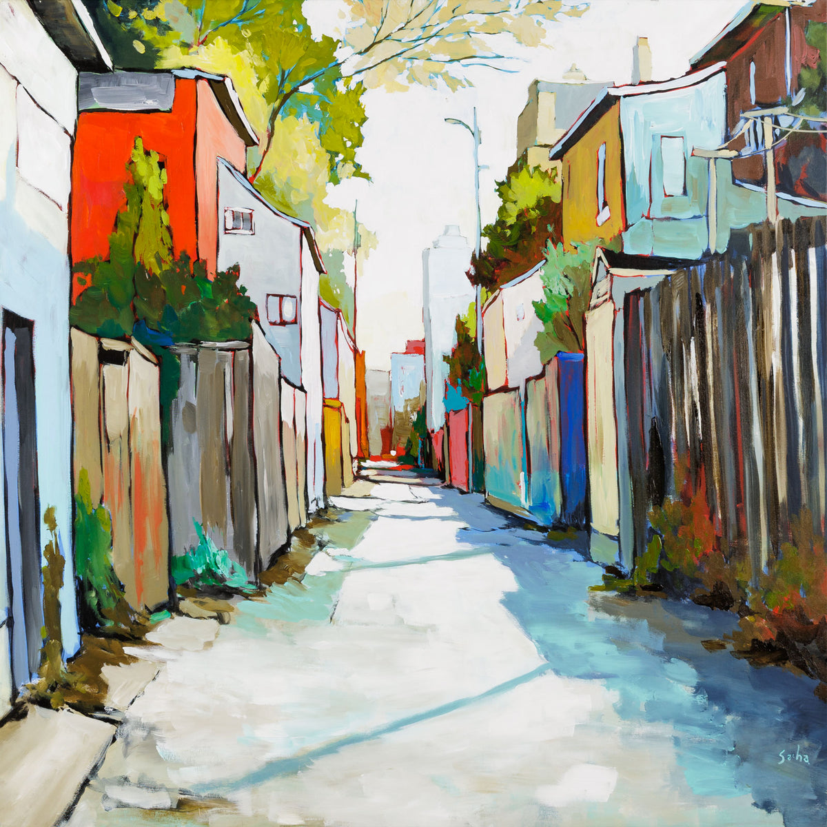 Sacha Barrette, "Ruelle Cloture Noire," acrylic on canvas, 48 x 48 in, contemporary cityscape painting with alley and buildings, framed