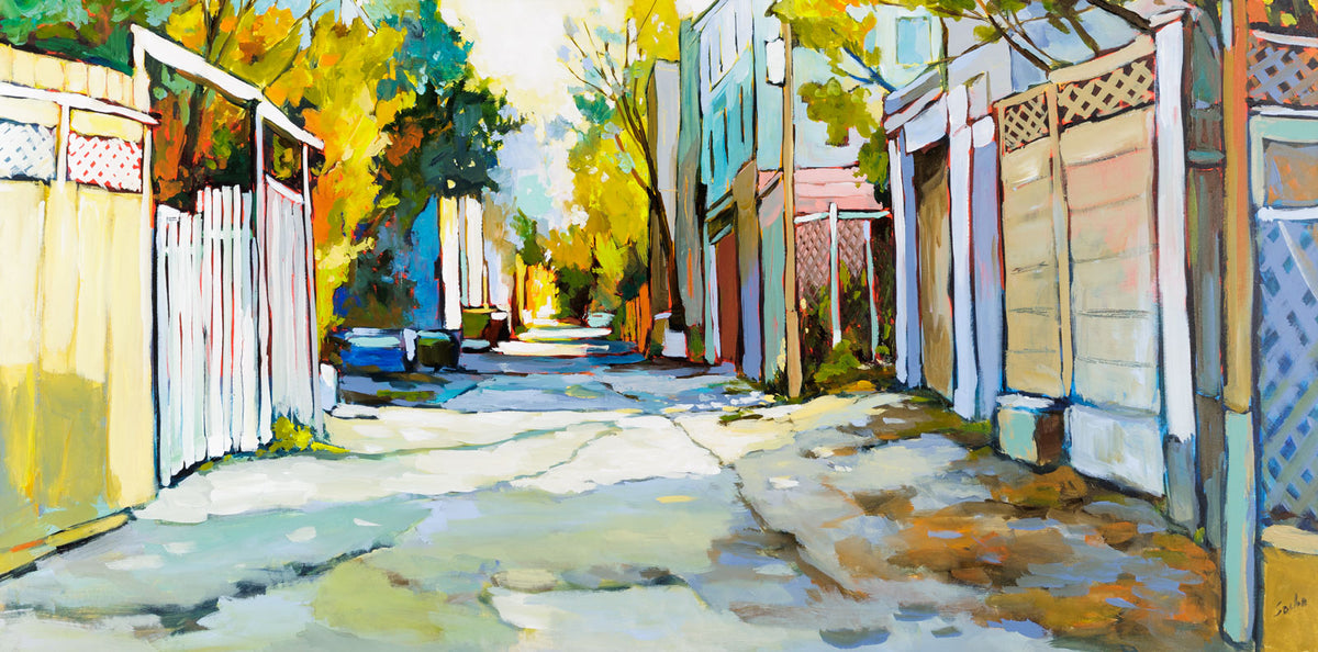 Sacha Barrette, "Alley Day Of Light," acrylic on canvas, 30 x 60 in, contemporary cityscape painting with alley, framed