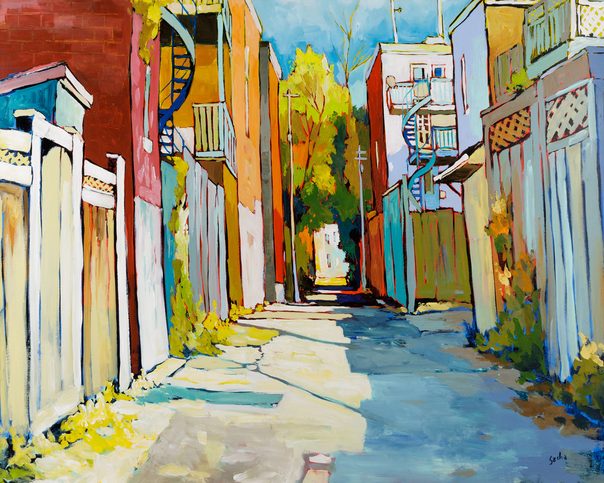 Sacha Barrette, "Happy Morning Alley," acrylic on canvas, 48 x 60 in, contemporary cityscape painting with alley and buildings, framed