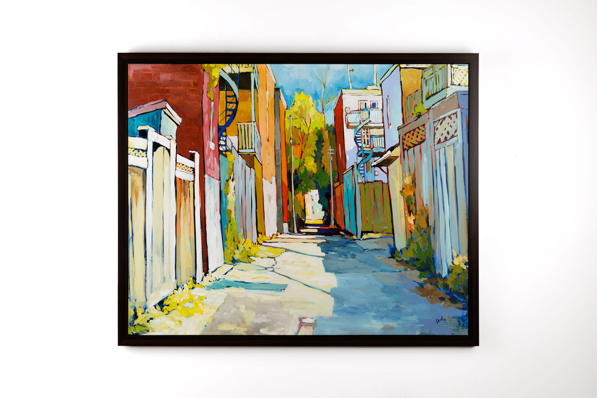 Sacha Barrette, "Happy Morning Alley," detail view, acrylic on canvas