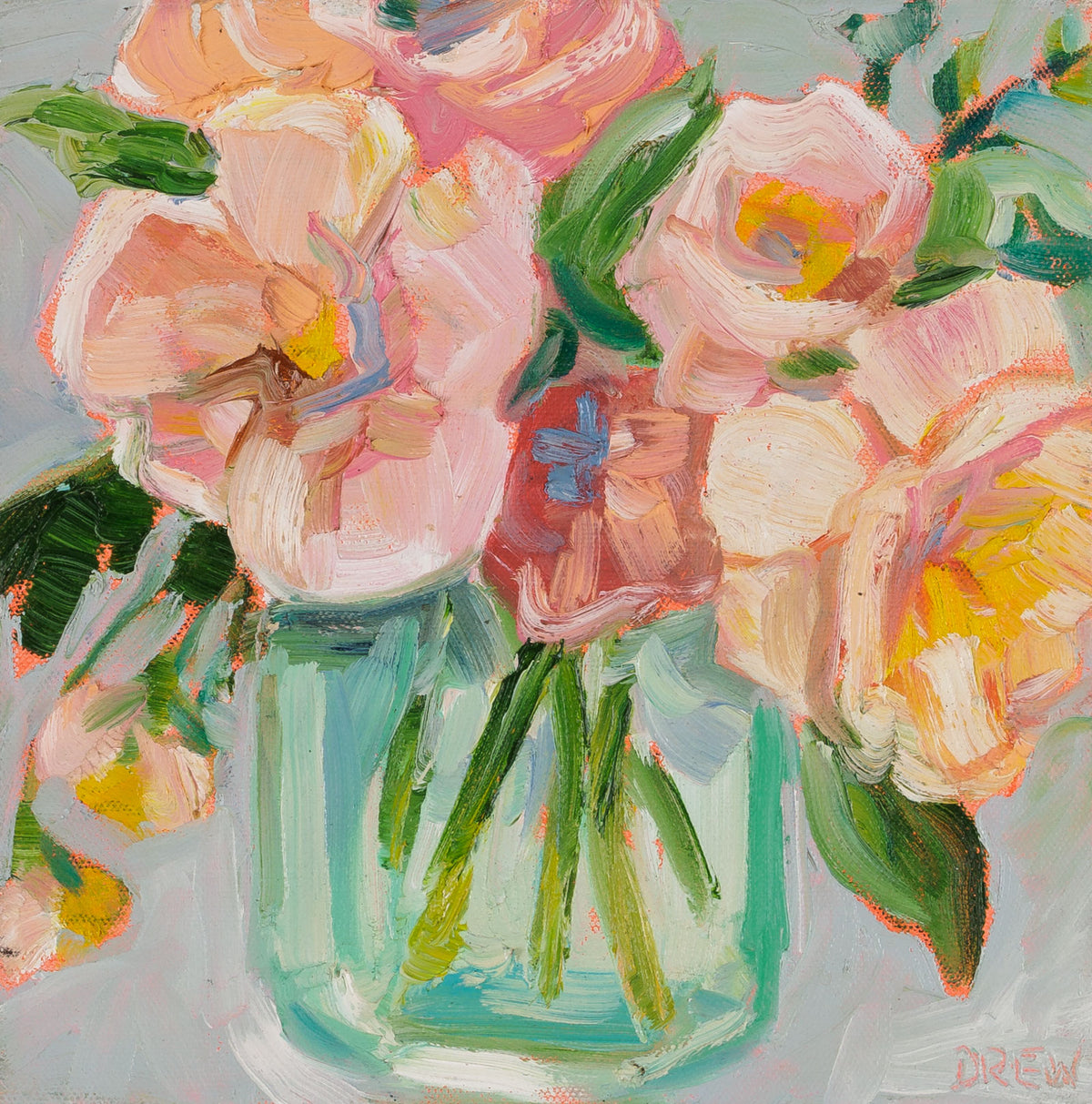 Vanessa Drew, "Blush," oil on canvas, 10 x 10 in, contemporary floral painting, unframed canvas