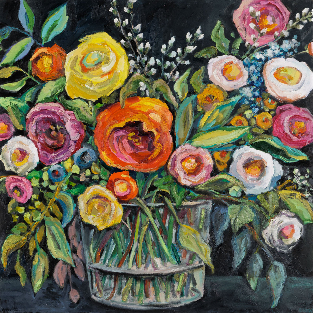 Vanessa Drew, "Distinction," oil on canvas, 36 x 36 in, contemporary floral painting, unframed canvas