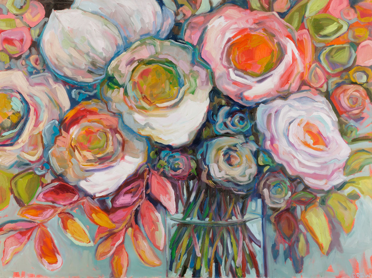 Vanessa Drew, "Making Arrangements," oil on canvas, 36 x 48 in, contemporary floral painting, unframed canvas
