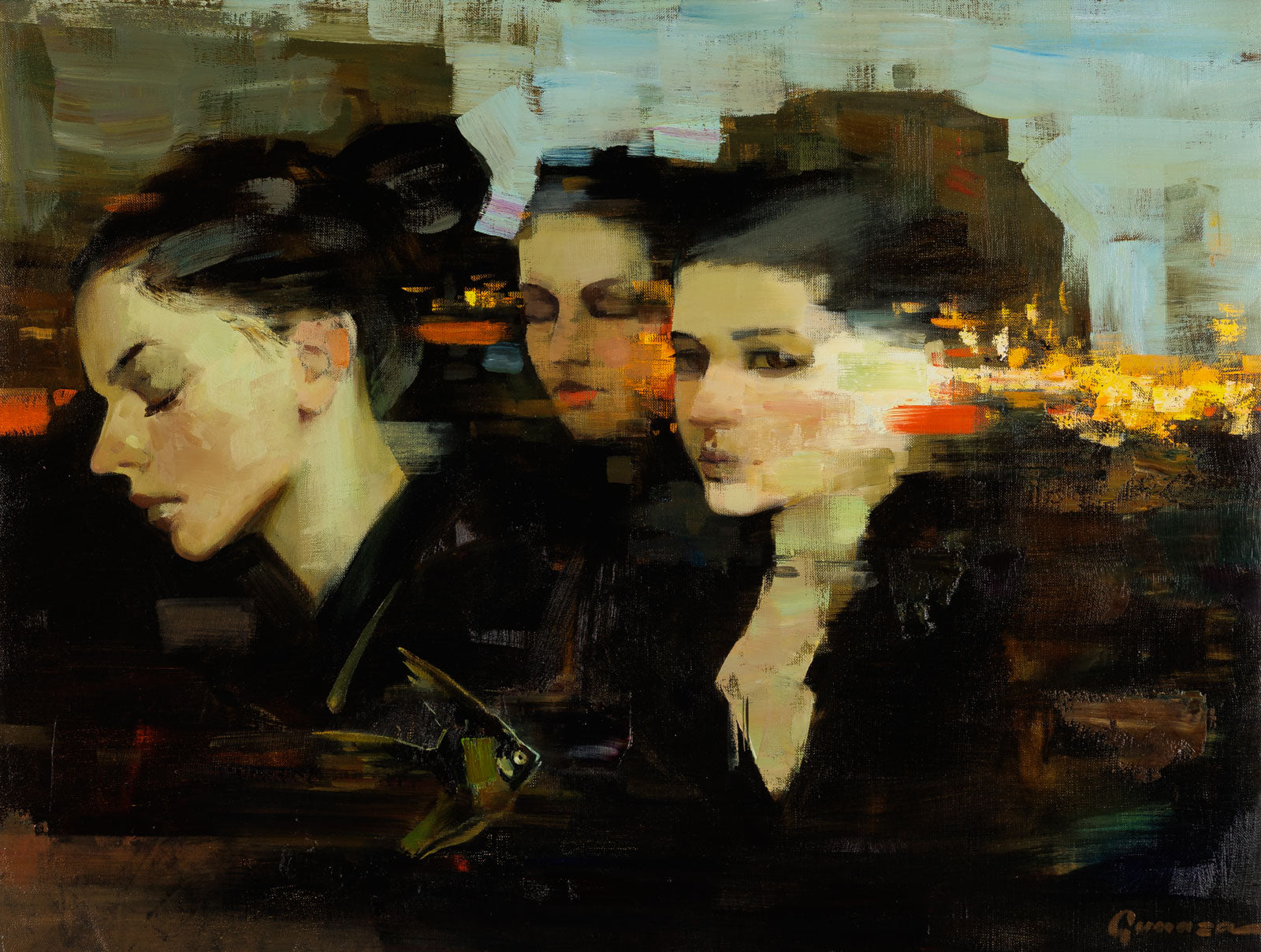 Vitaly Gunaza, "Wake Up In A Dream," oil on canvas, 24 x 32 in., figurative painting with a woman, framed