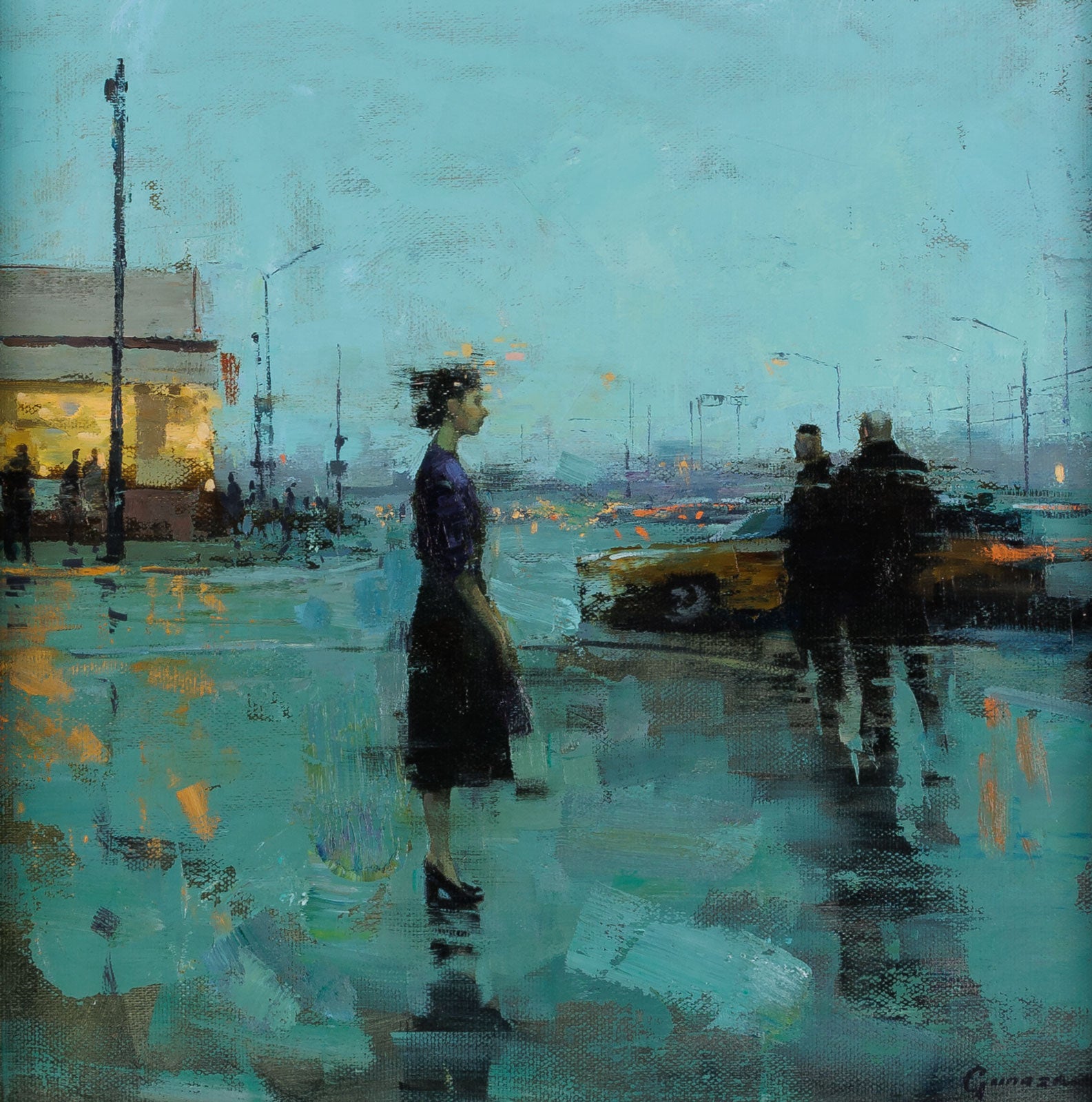 Vitaly Gunaza, "Why Are You Here?," oil on mounted linen, 16 x 16 in., figurative painting with a woman, framed