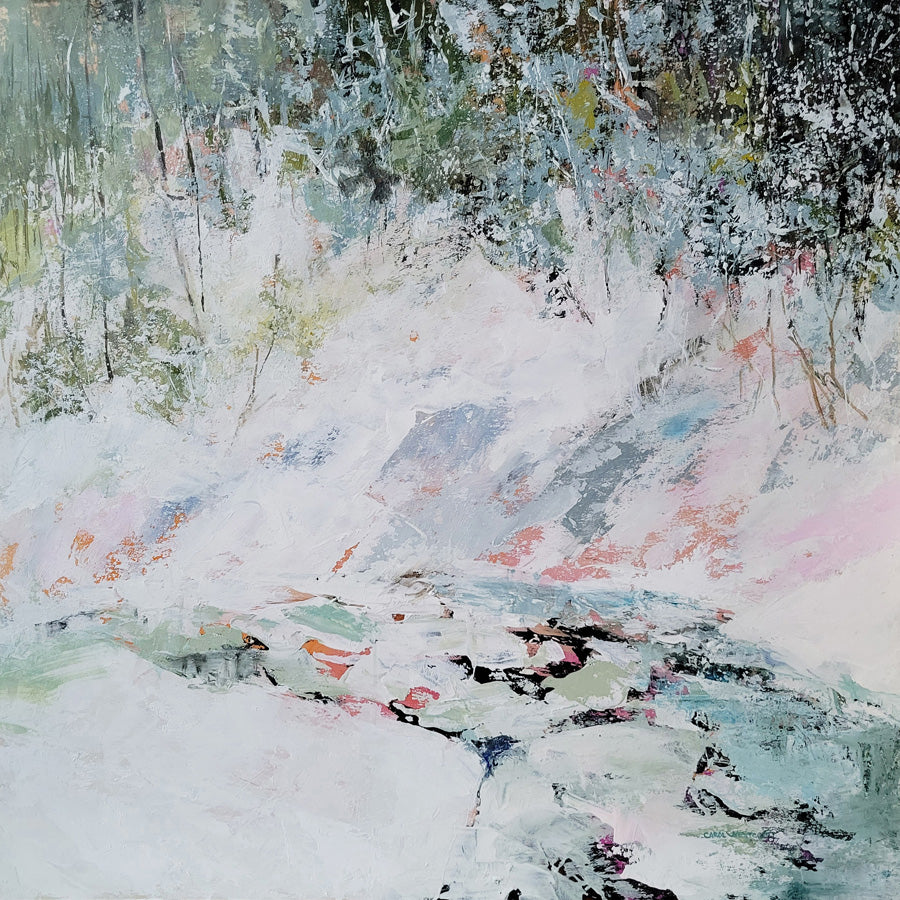 Landscape “In Freshet Time” by Carol Westcott – acrylic on panel.