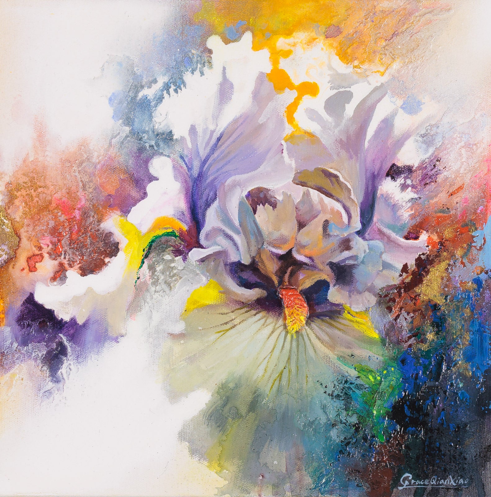 Floral “Body Mind Spirit #25” by Qian Xiao – mixed media on canvas.