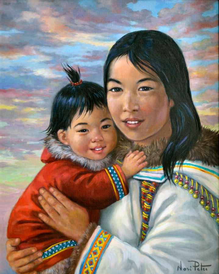 Figurative “Baby Ootaq & Her Mother” by Nori Peter – oil on panel.