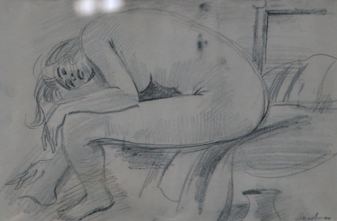 Figurative “An Unusual Pose 1988” by Robert Hyndman – pen & ink on paper.
