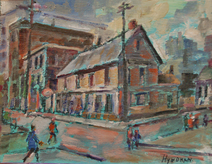 Cityscape “Corner of Metcalfe & Albert” by Robert Hyndman – oil on board.