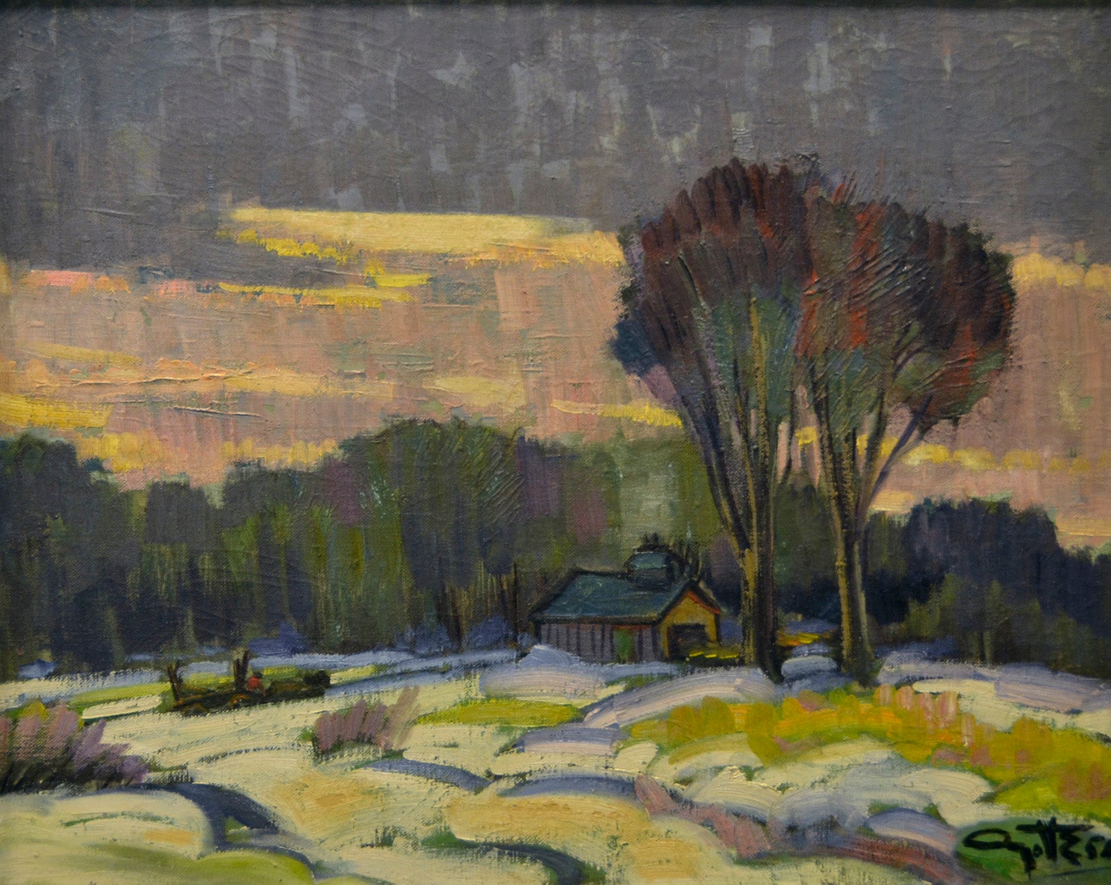 Landscape “Paysage Et Cabane” by Leo Ayotte – oil on canvas.