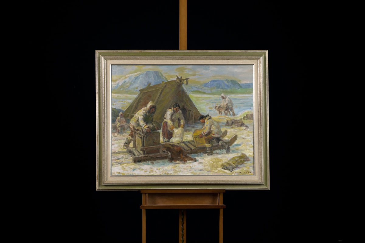 Adam Sherriff Scott, "Unloading The Sled, Baffin Island," oil on canvas, 28 x 32 in, traditional landscape painting, framed