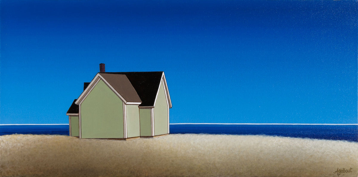 Adrienne Godbout, "Green New Brunswick House," acrylic on canvas, 15 x 30 in, contemporary architecture painting with farmhouse