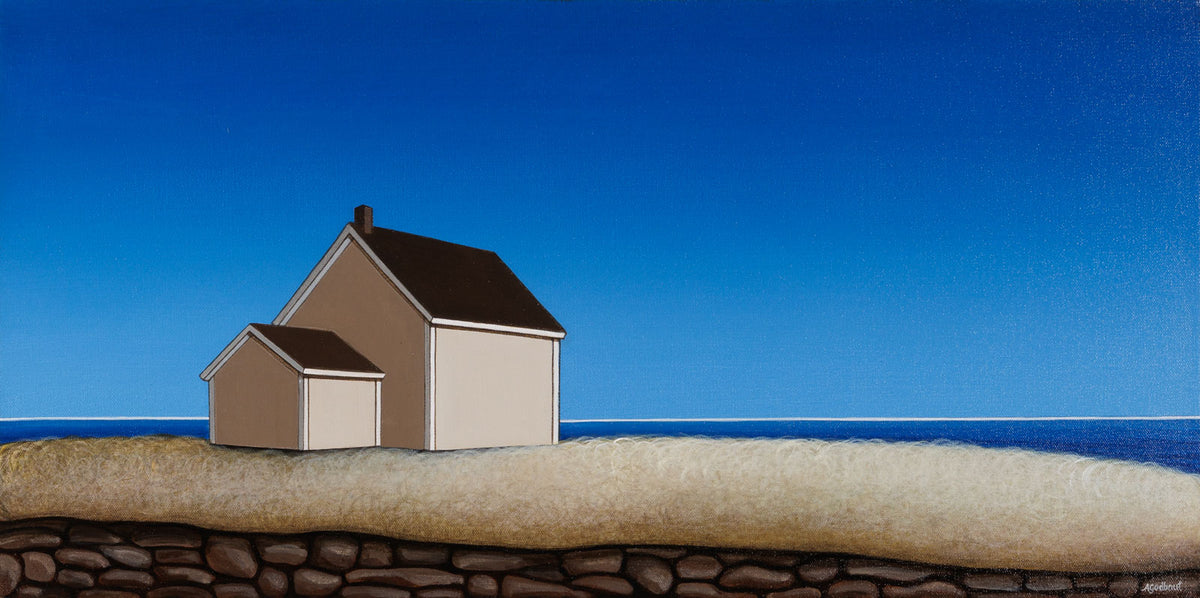 Adrienne Godbout, "Beige House on Rocky Shore," acrylic on canvas, 15 x 30 in, contemporary architecture painting with farmhouse