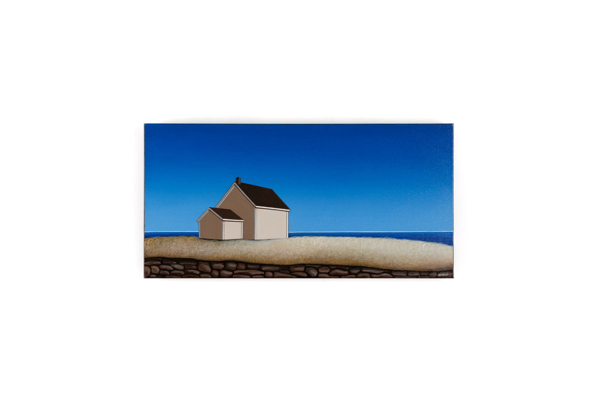 Adrienne Godbout, "Beige House on Rocky Shore," detail view, acrylic on canvas