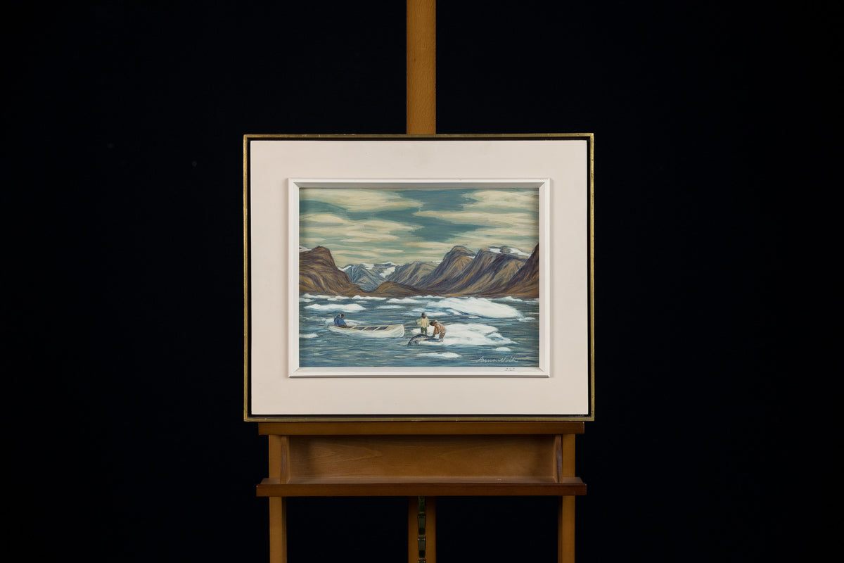 Anna T. Noëh, "Seal Hunting," oil on panel, 12 x 16 in, traditional figurative landscape with seals, framed