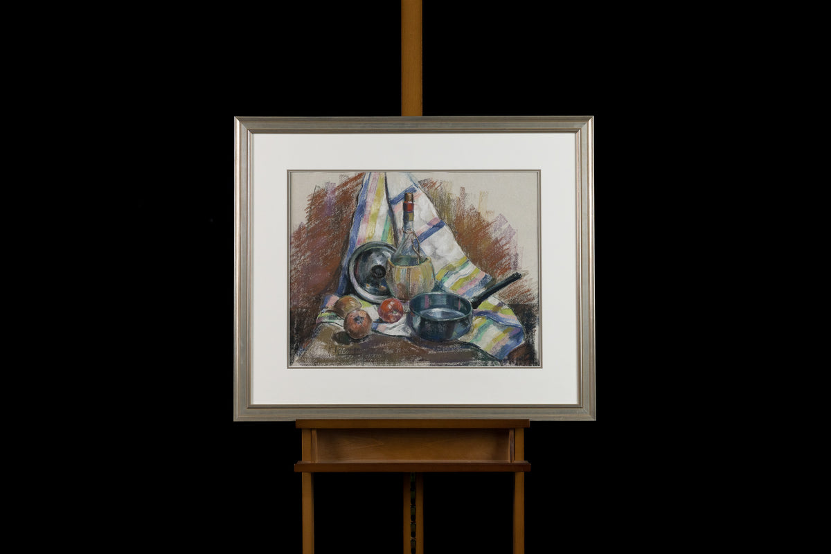 Armand Tatossian, "Still Life With Pot," pastel on paper, 17.5 x 22.5 in, traditional still life with fruit, framed