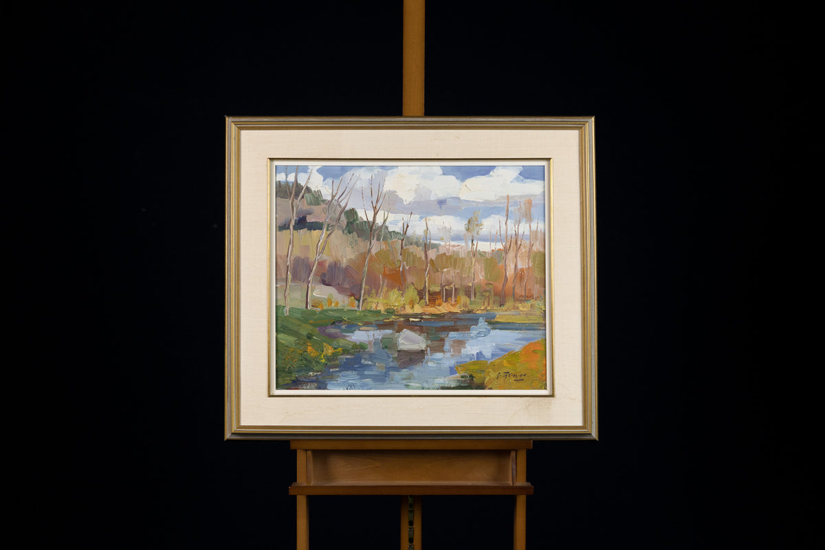 Armand Tatossian, "Landscape Pond & Trees," oil on canvas, 20 x 24 in, traditional landscape with pond and trees, framed
