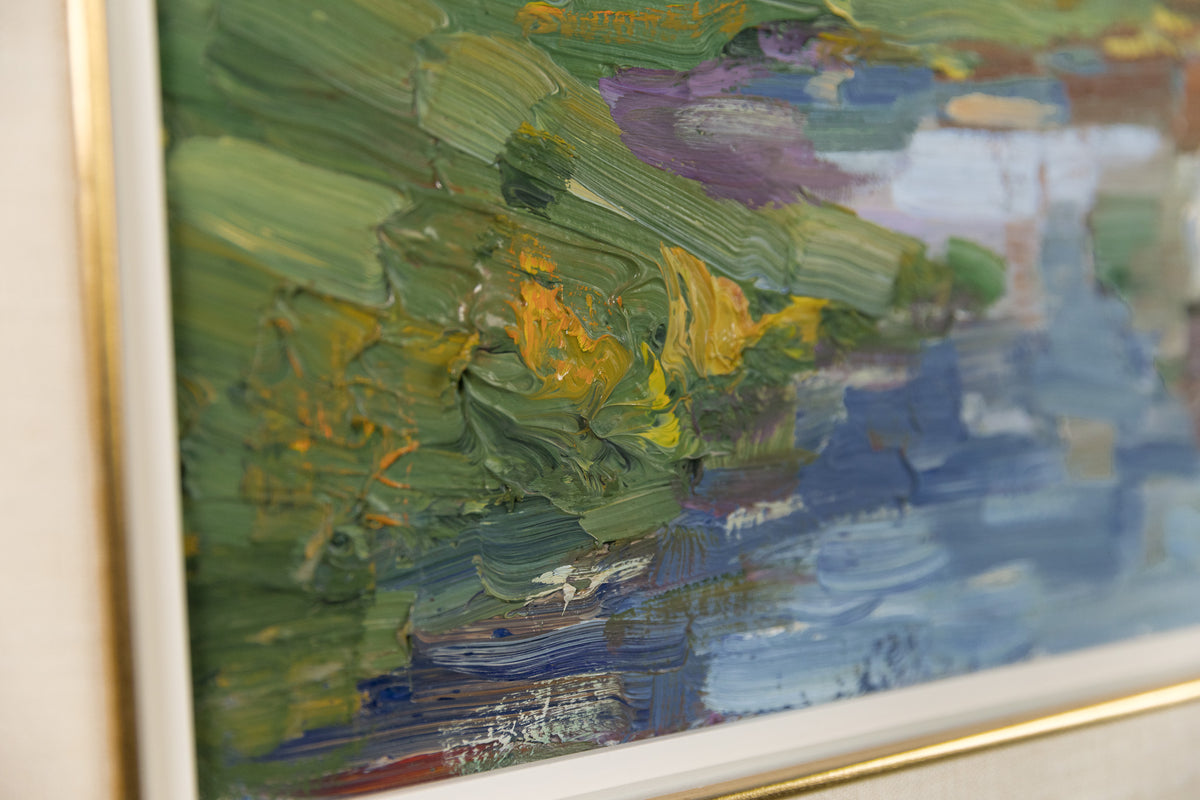 Armand Tatossian, "Landscape Pond & Trees," detail view, oil on canvas