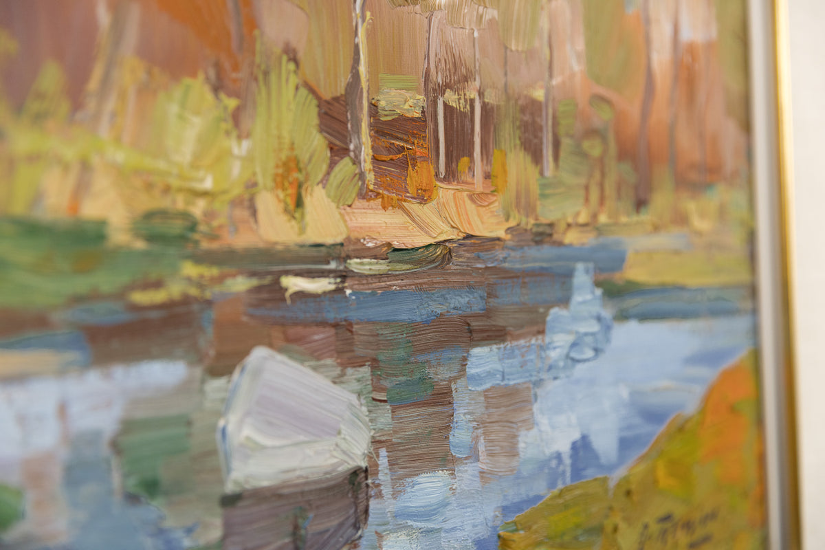 Armand Tatossian, "Landscape Pond & Trees," detail view, oil on canvas