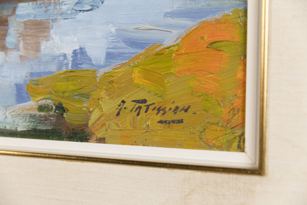 Armand Tatossian, "Landscape Pond & Trees," detail view, oil on canvas