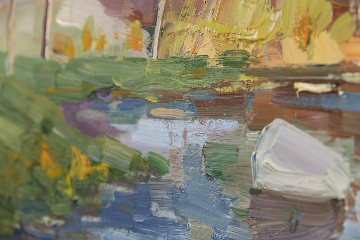 Armand Tatossian, "Landscape Pond & Trees," detail view, oil on canvas