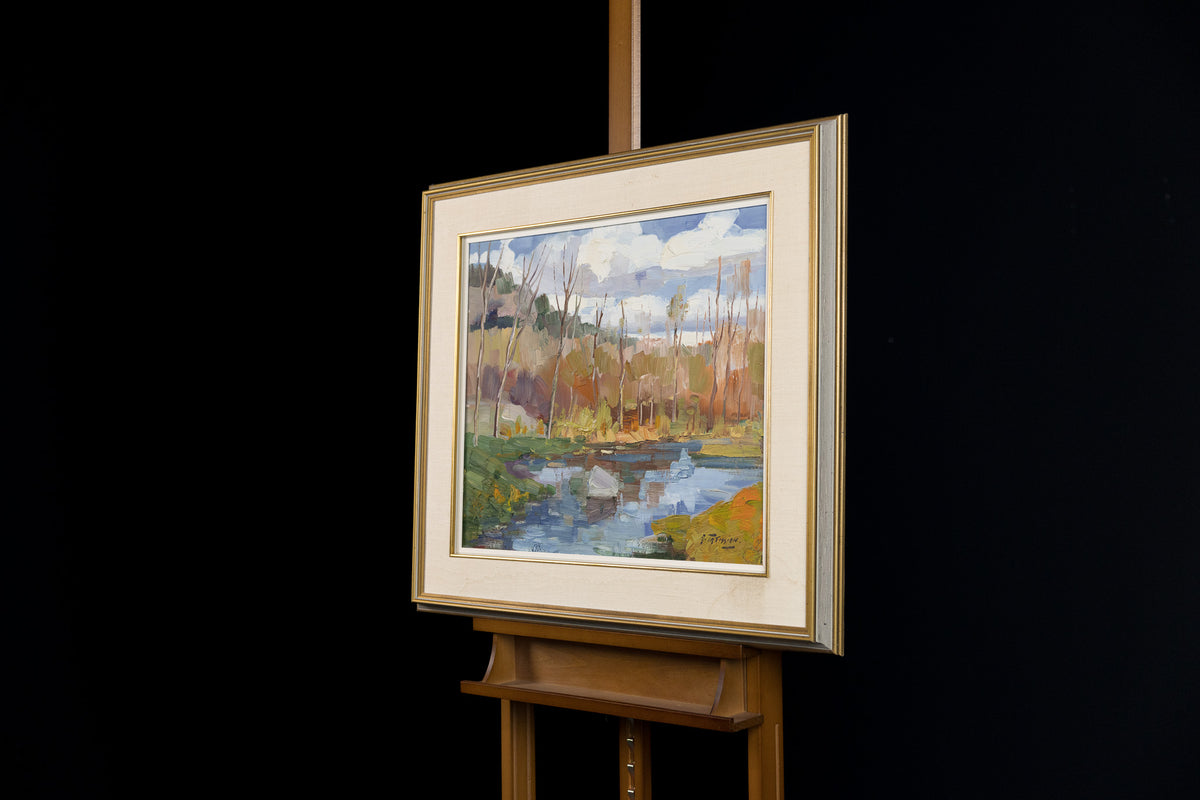 Armand Tatossian, "Landscape Pond & Trees," detail view, oil on canvas