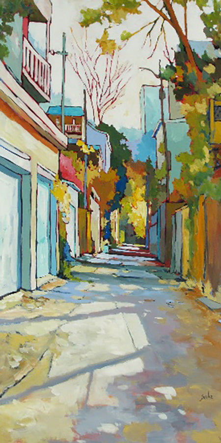 Cityscape “Tree Shadows In The Alley” by Sacha Barrette – acrylic on canvas.