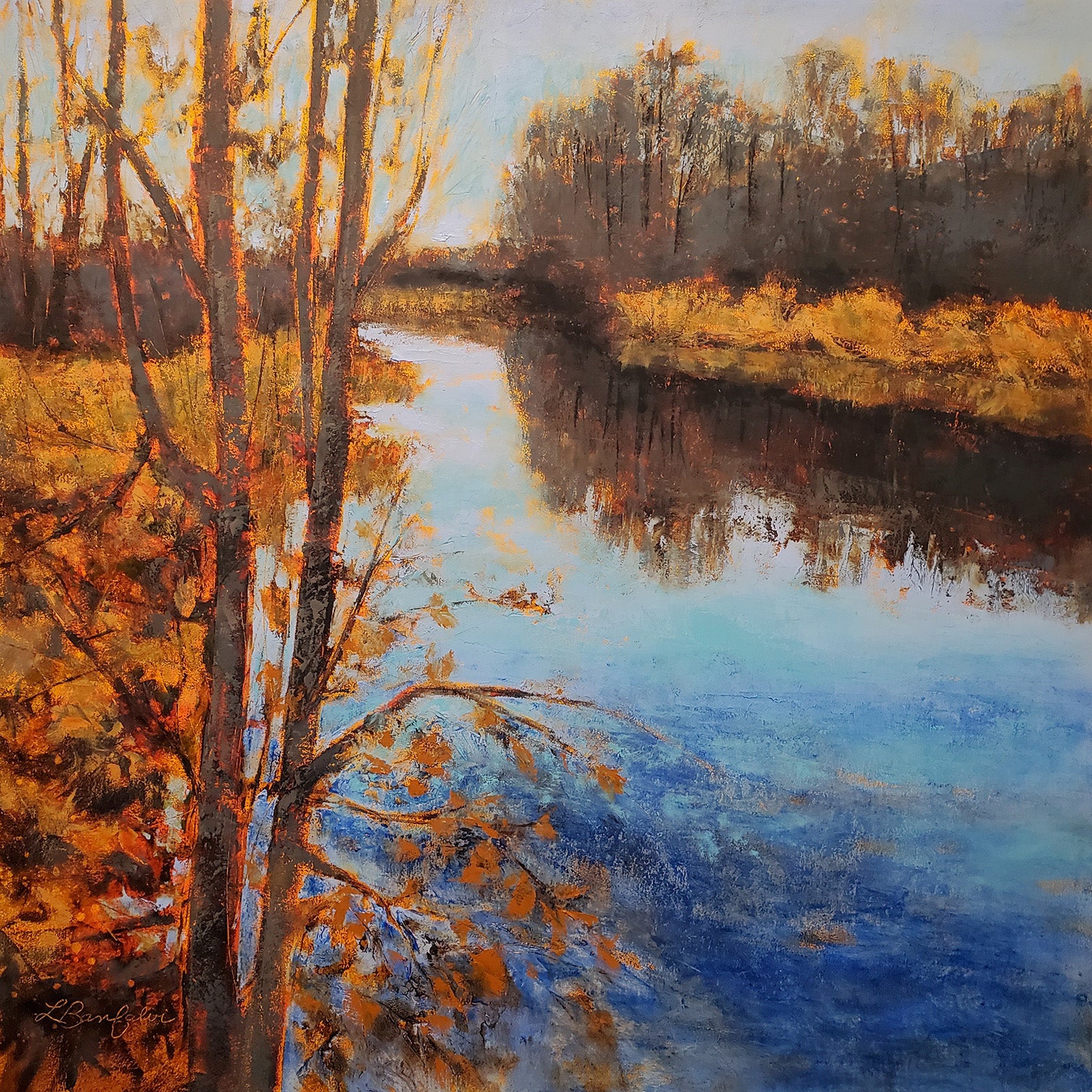 Landscape “Reflections Of Autumn” by Linda Banfalvi – mixed media on panel.