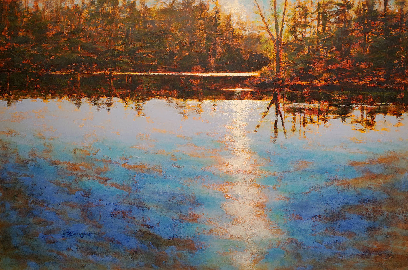 Landscape “Glimmering Reflections 3” by Linda Banfalvi – mixed media on panel.