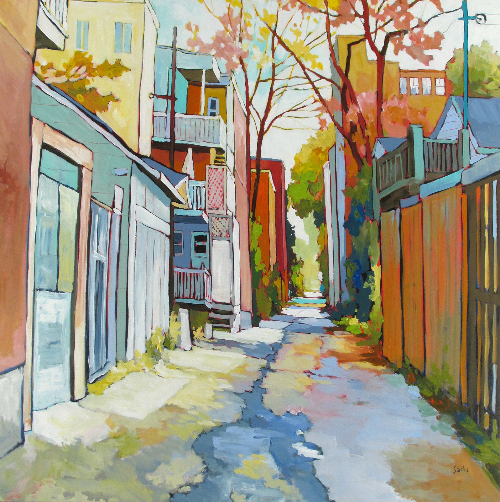 Cityscape “Ruelle A La Rue Craquelee” by Sacha Barrette – acrylic on canvas.