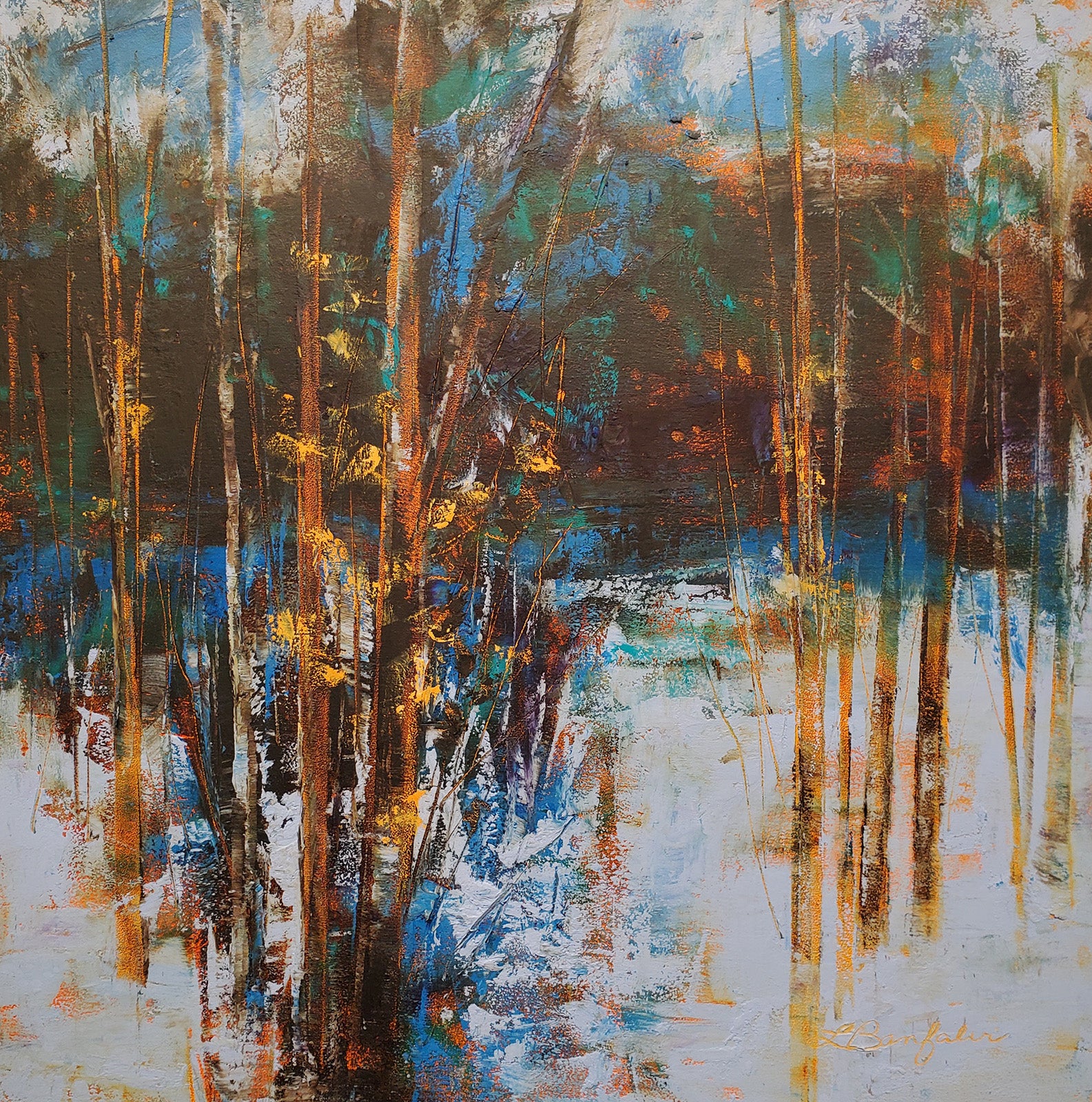 Landscape “Winter Tapestry” by Linda Banfalvi – mixed media on panel.