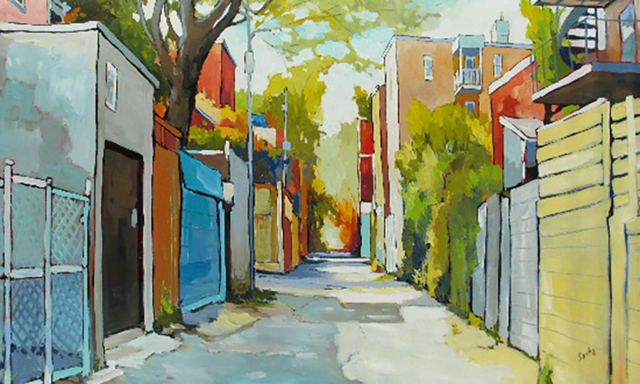 Cityscape “Ruelle Au Clair De L'Ete” by Sacha Barrette – acrylic on canvas.